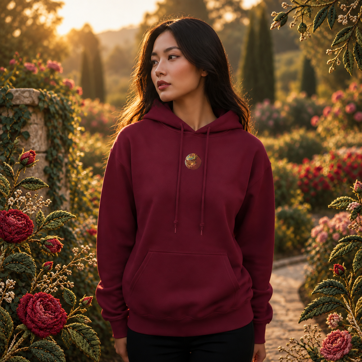 Venus Planet Hoodie in Maroon – Bright Future product image — realistic model in an embroidered nature scene.