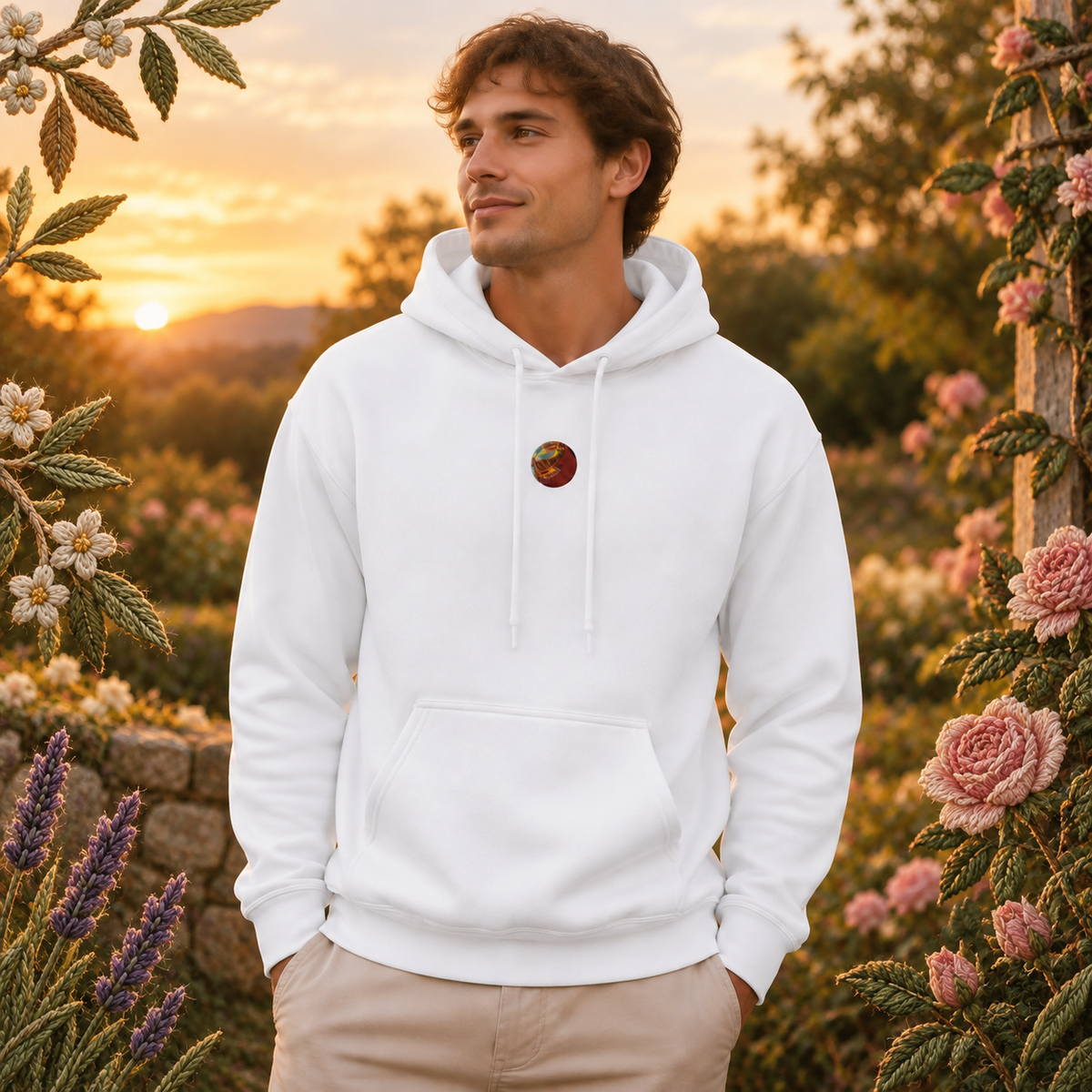 Venus Planet Hoodie in White – Bright Future product image — realistic model in an embroidered nature scene.
