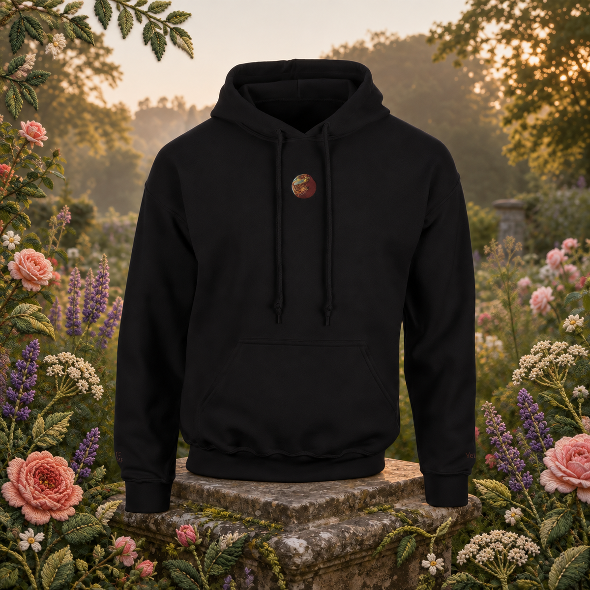 Venus Planet Hoodie in Black – Bright Future product image — original product in a realistic nature scene with embroidered environmental details.
