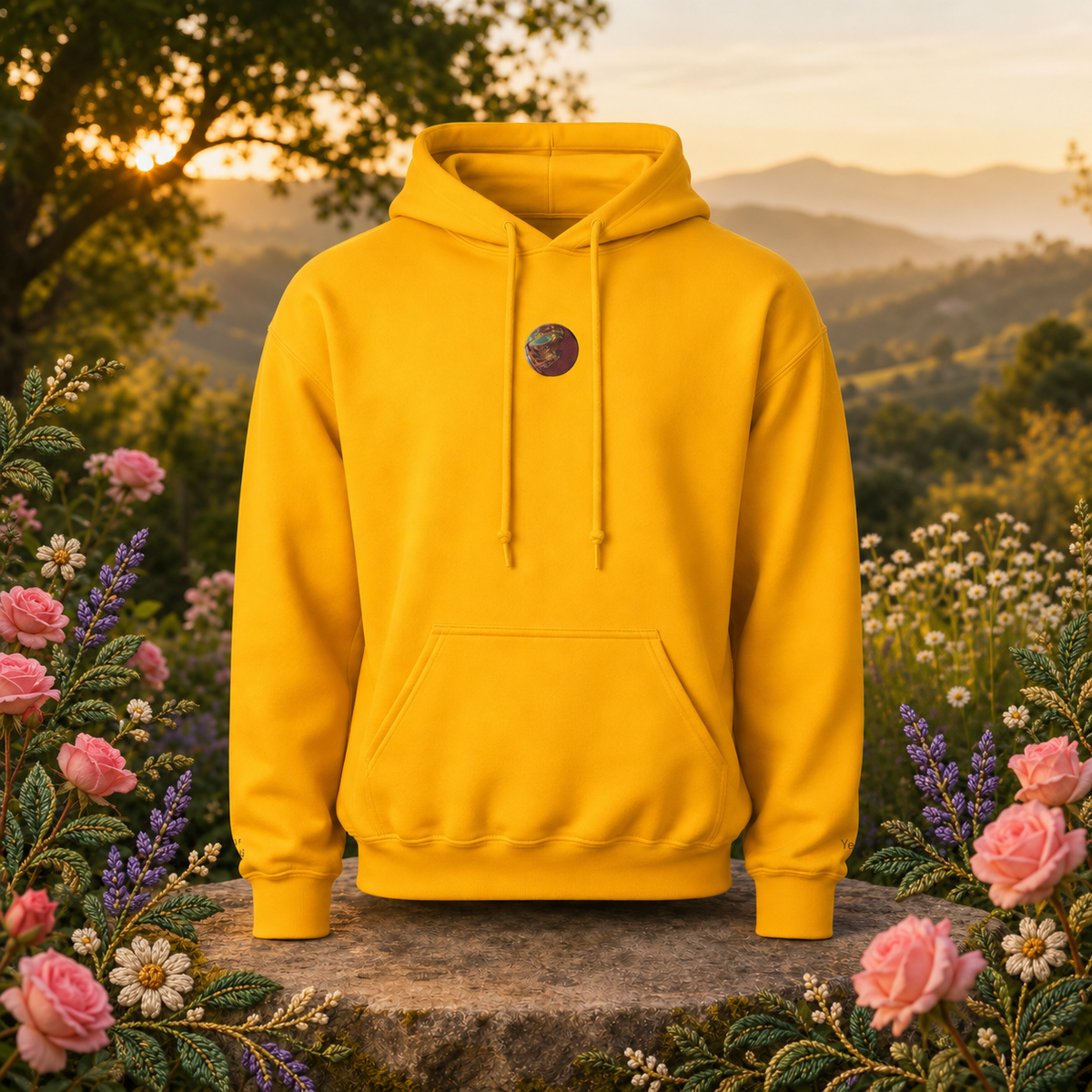 Venus Planet Hoodie in Gold – Bright Future product image — original product in a realistic nature scene with embroidered environmental details.