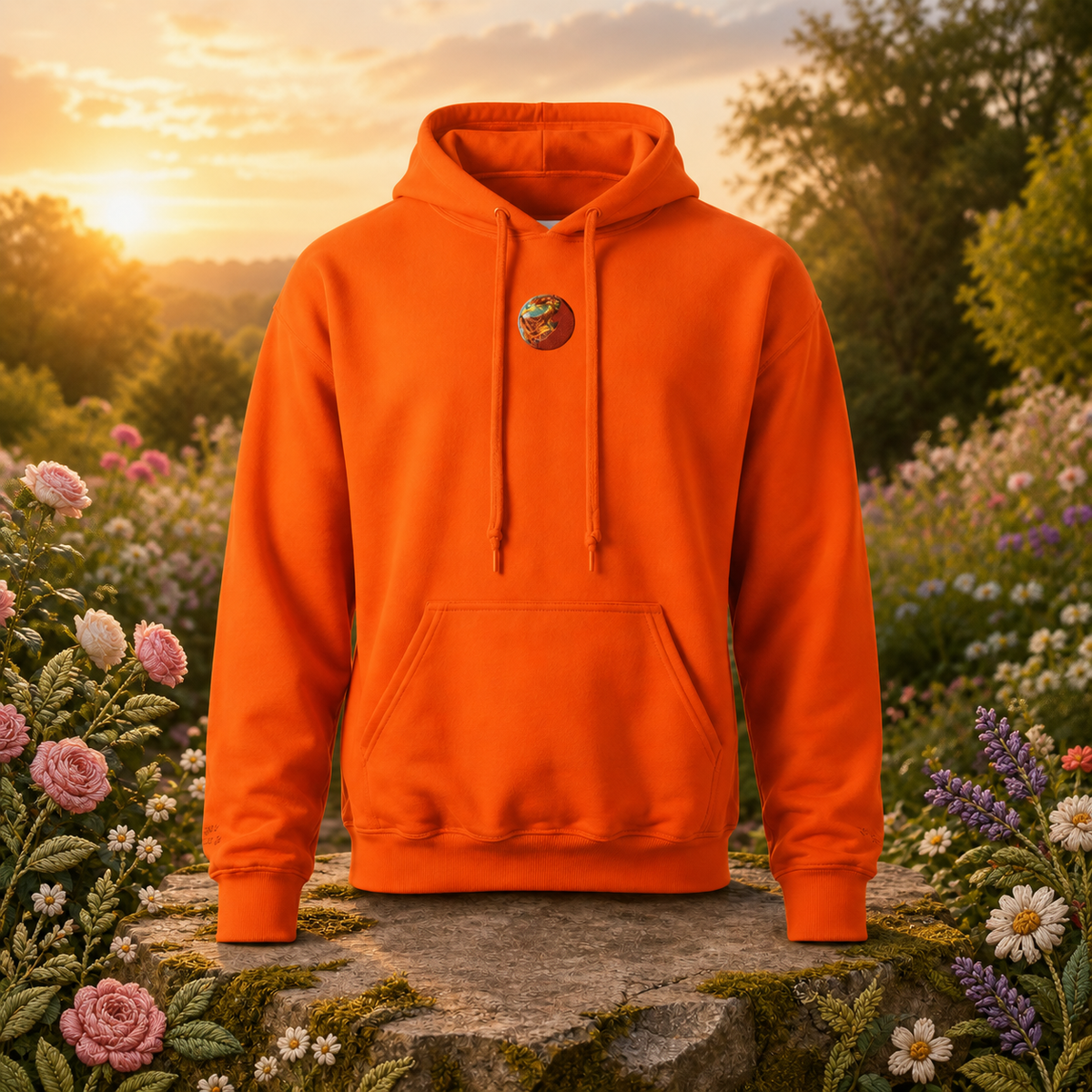 Venus Planet Hoodie in Orange – Bright Future product image — original product in a realistic nature scene with embroidered environmental details.