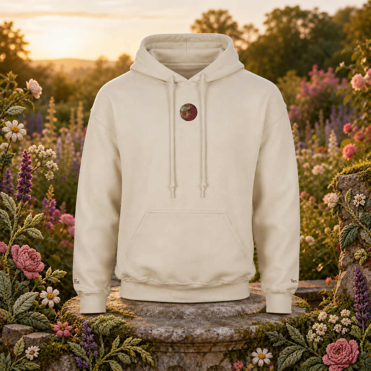 Venus Planet Hoodie in Sand – Bright Future product image — original product in a realistic nature scene with embroidered environmental details.
