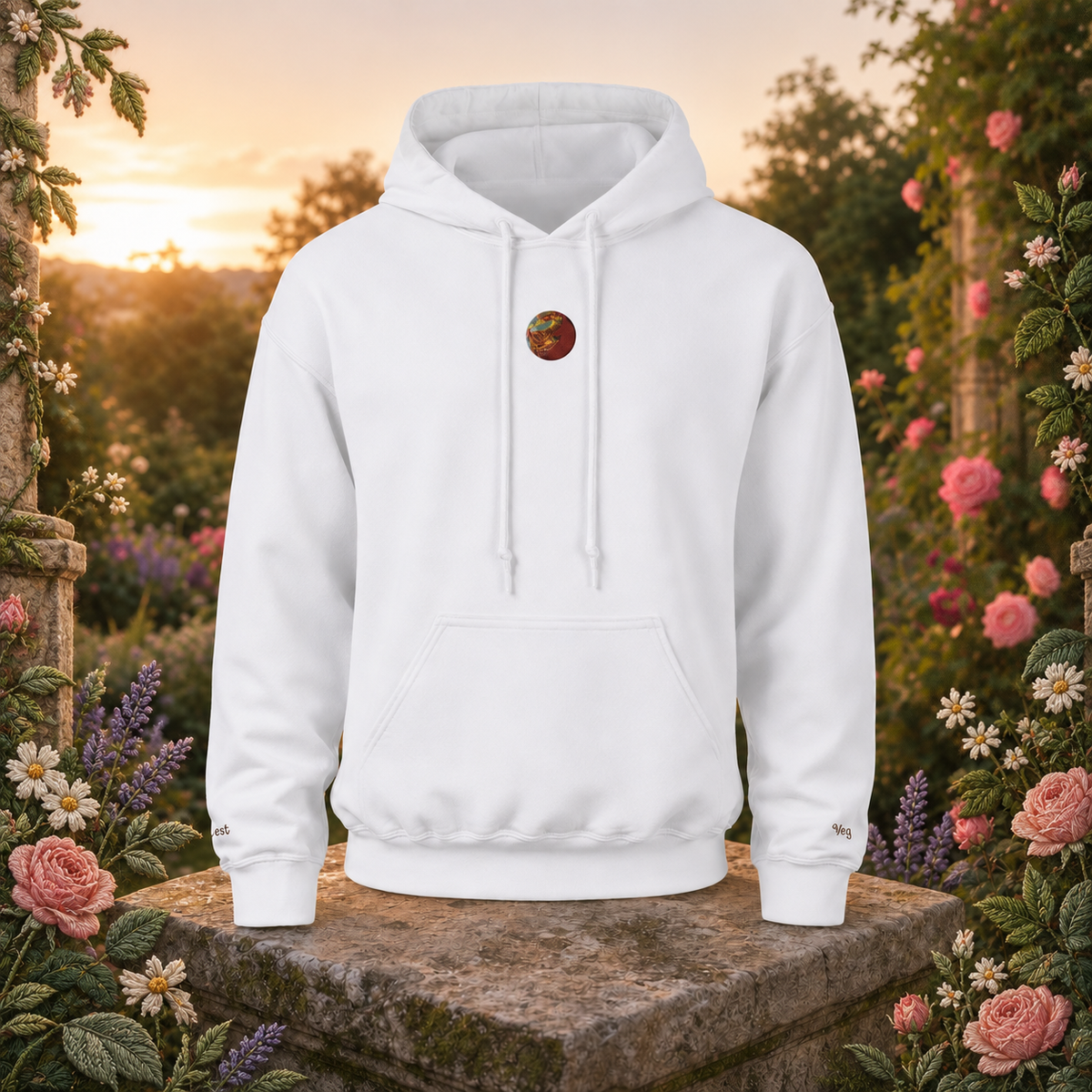 Venus Planet Hoodie in White – Bright Future product image — original product in a realistic nature scene with embroidered environmental details.