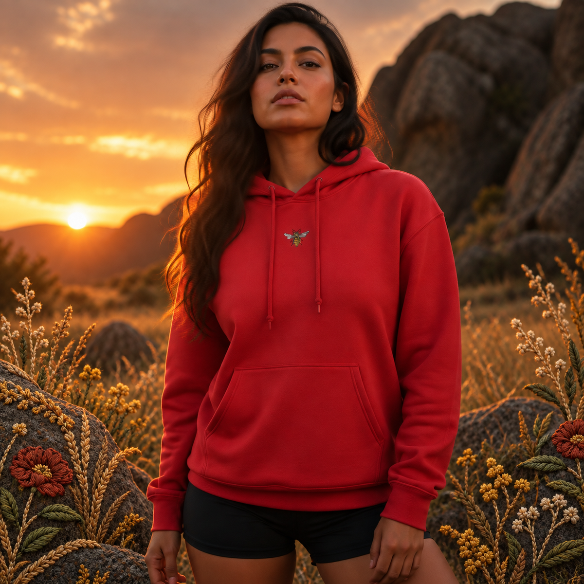 Wasp Hoodie – Focus & Determination in Cherry Red – Bright Future product image — realistic model in an embroidered nature scene.