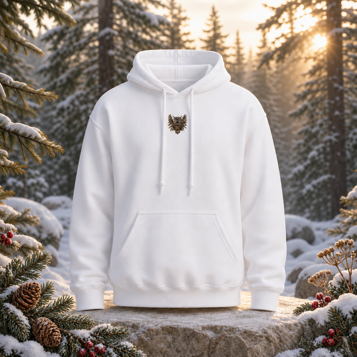 Owl Hoodie – Wisdom, Intuition & Mystery in White – Bright Future product image — original product in a realistic nature scene with embroidered environmental details.