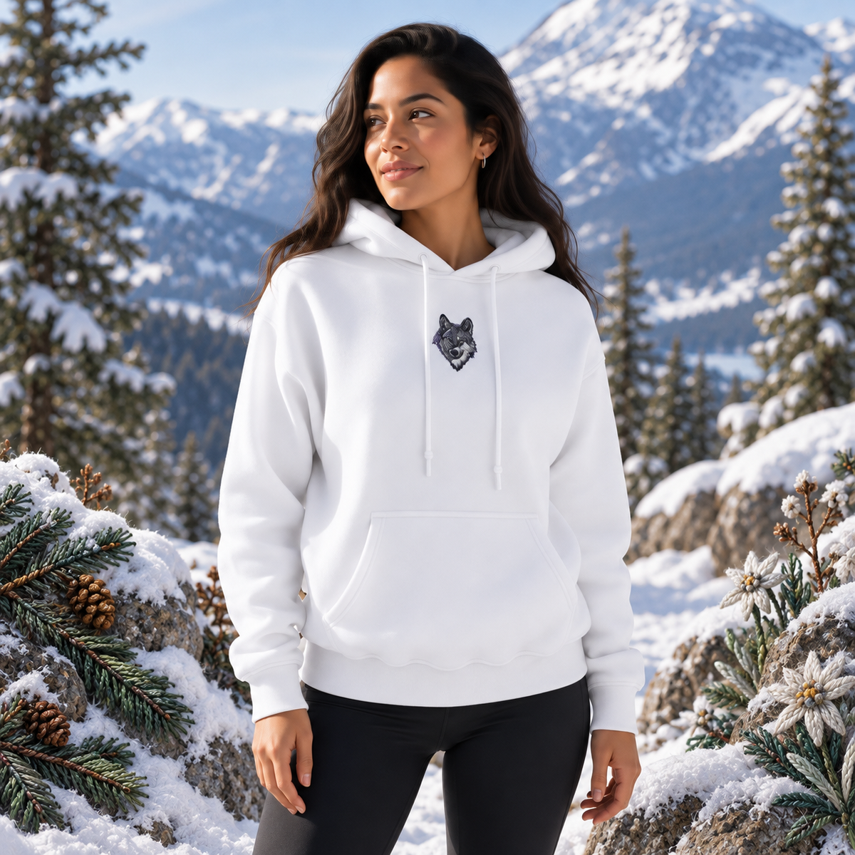 Wolf Hoodie in White – Bright Future product image — realistic model in an embroidered nature scene.