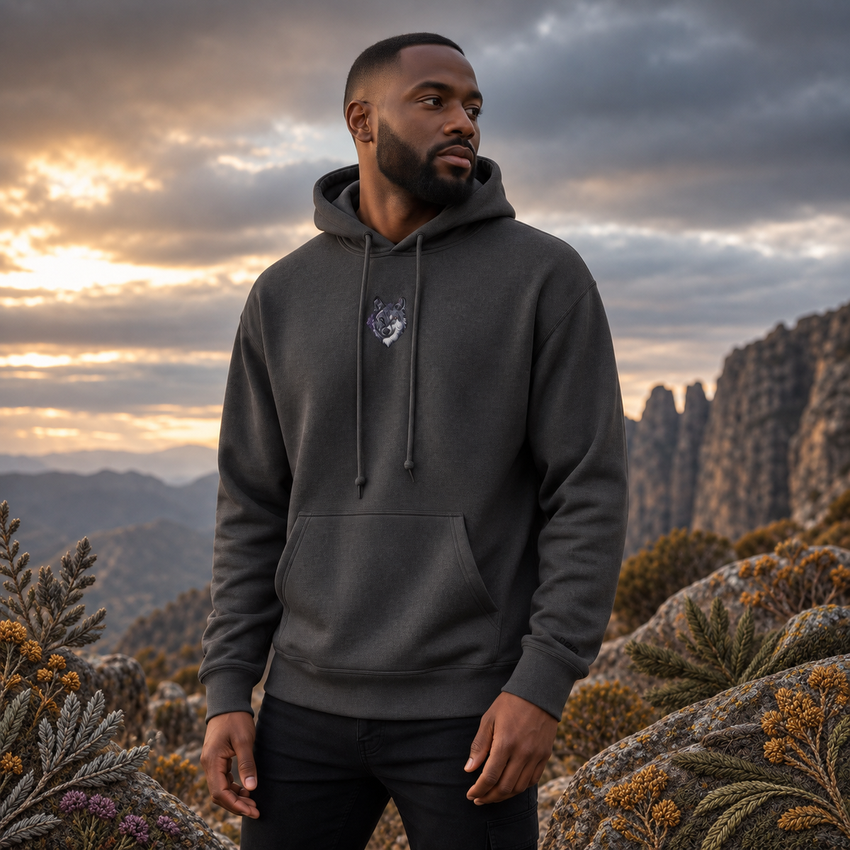 Wolf Hoodie in Dark Heather – Bright Future product image — realistic model in an embroidered nature scene.