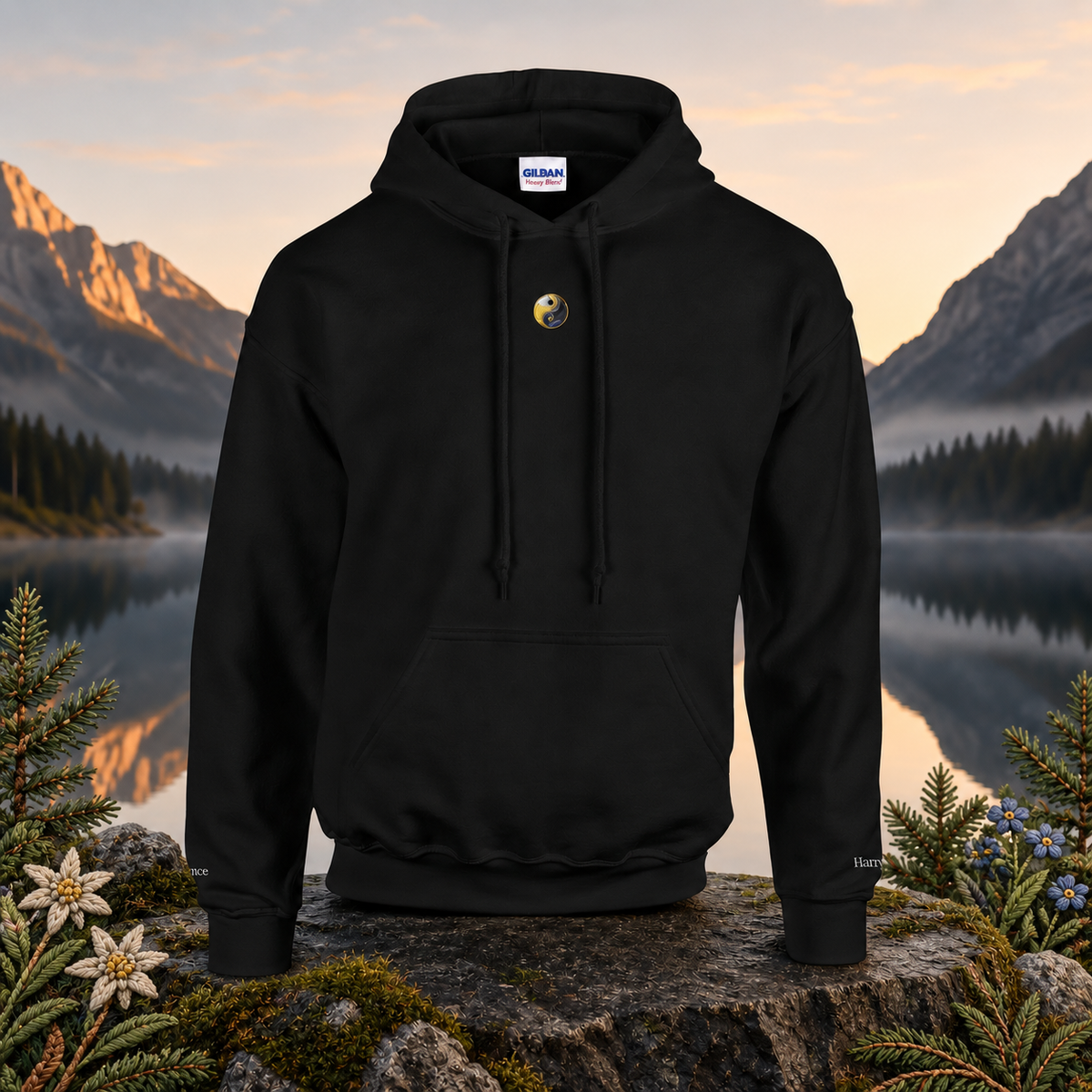 Yin & Yang Symbol Hoodie in Black – Bright Future product image — original product in a realistic nature scene with embroidered environmental details.