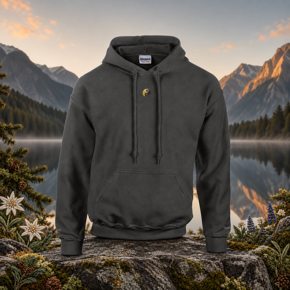 Yin & Yang Symbol Hoodie in Dark Heather – Bright Future product image — original product in a realistic nature scene with embroidered environmental details.
