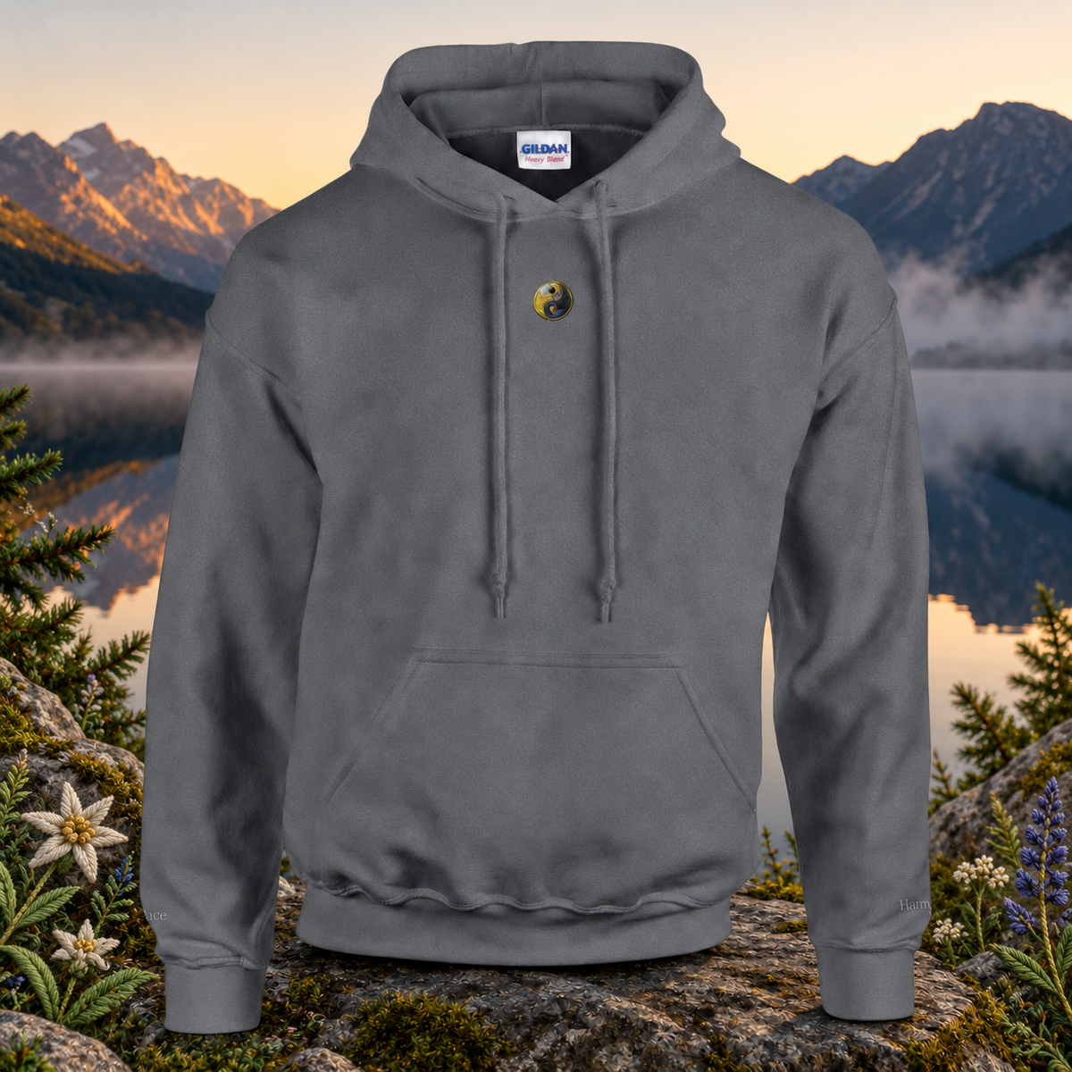 Yin & Yang Symbol Hoodie in Graphite Heather – Bright Future product image — original product in a realistic nature scene with embroidered environmental details.