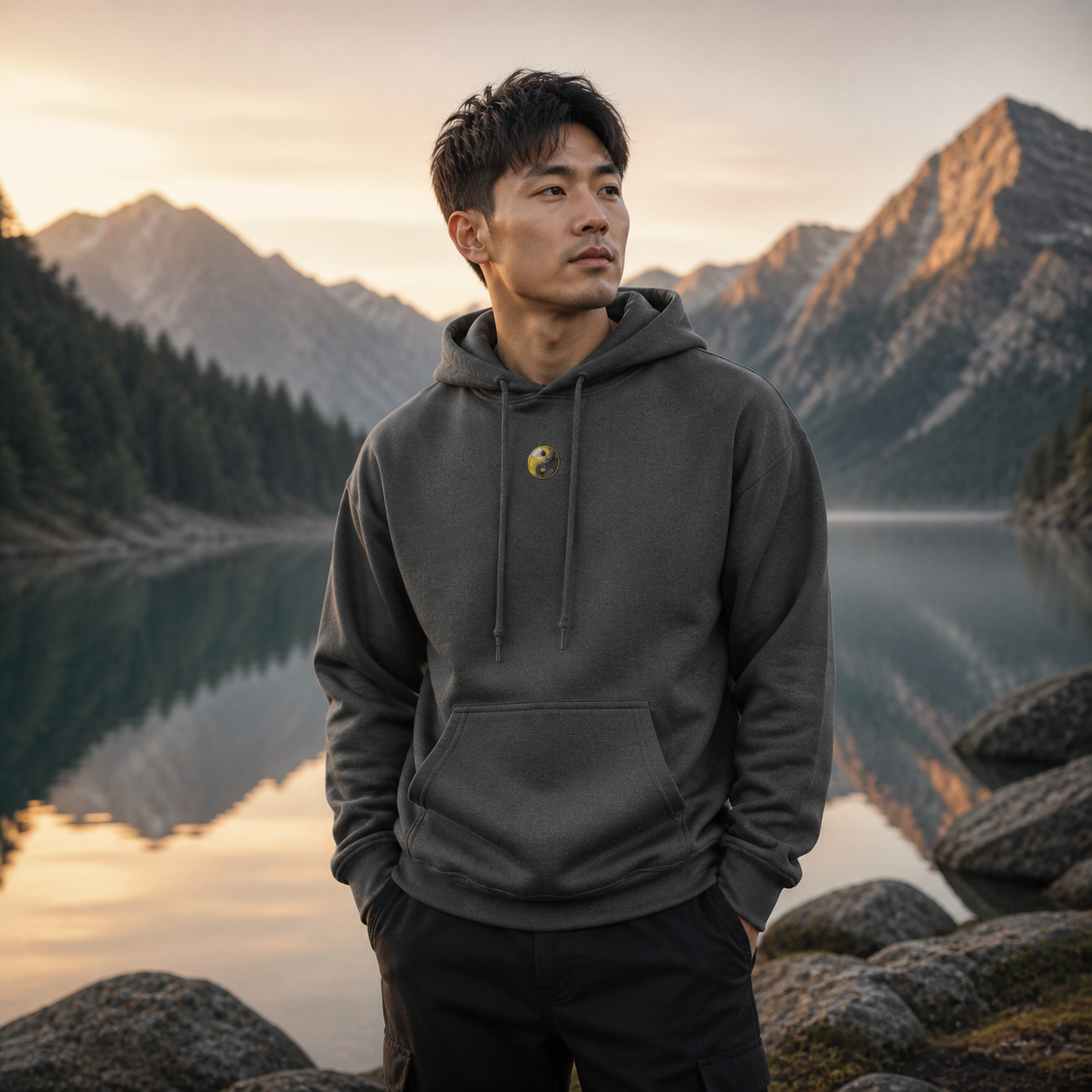Yin & Yang Symbol Hoodie in Dark Heather – Bright Future product image