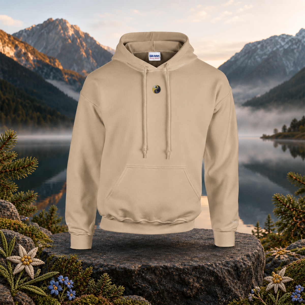 Yin & Yang Symbol Hoodie in Sand – Bright Future product image — original product in a realistic nature scene with embroidered environmental details.