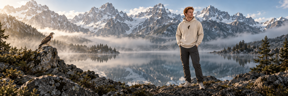 Clarity — a hawk beside a reflective mountain lake and a person wearing the sand Hawk hoodie