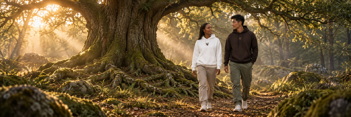 Connection — ancient oak roots and two companions wearing Tree of Life and Stag hoodies