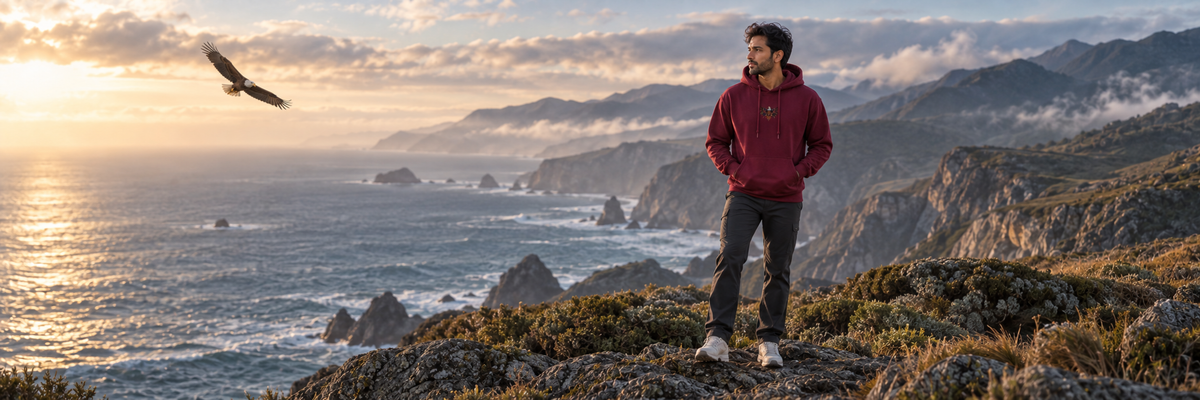 Freedom — an eagle above coastal mountains and a person wearing the maroon Eagle hoodie