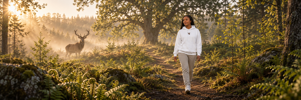 Growth — a stag, young woodland and a person wearing the white Stag hoodie