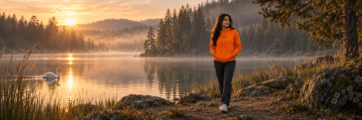 Peace — a swan on a quiet lake and a person wearing the orange Peace hoodie
