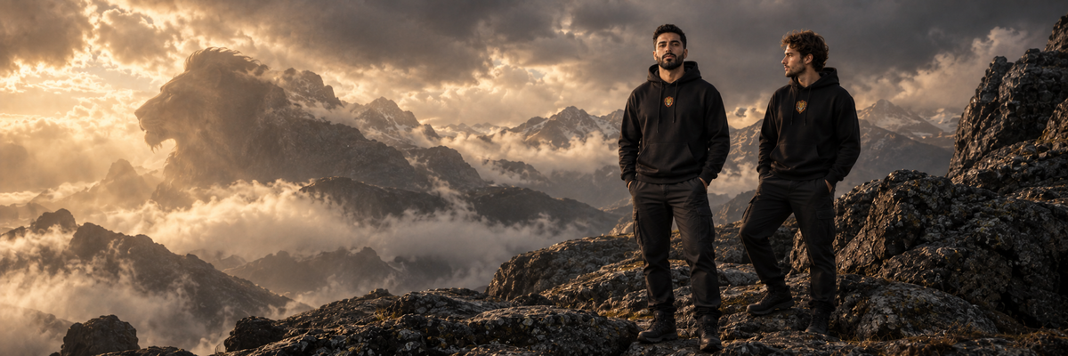 Strength — lion-shaped mountains in mist and two people wearing Bright Future Lion hoodies