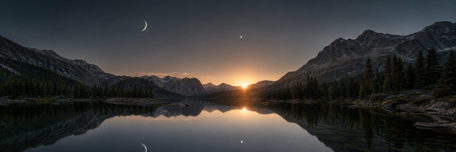 Celestial Identities collection — moon, star and sunrise reflected in an alpine lake