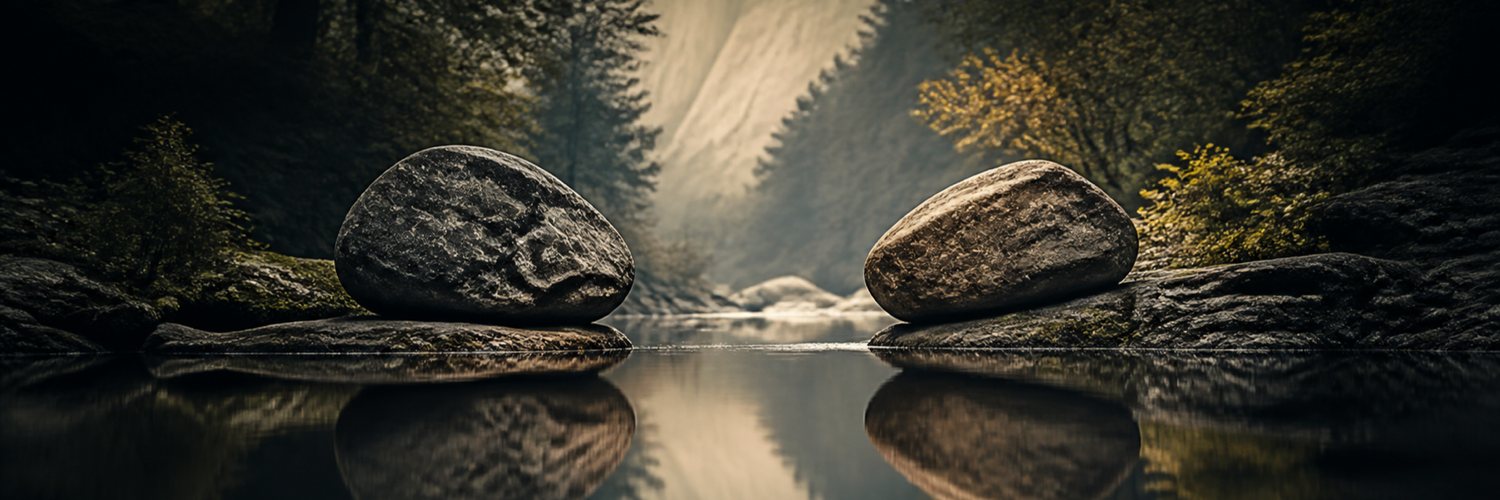 Comparison Items collection — two balanced stones reflected in water