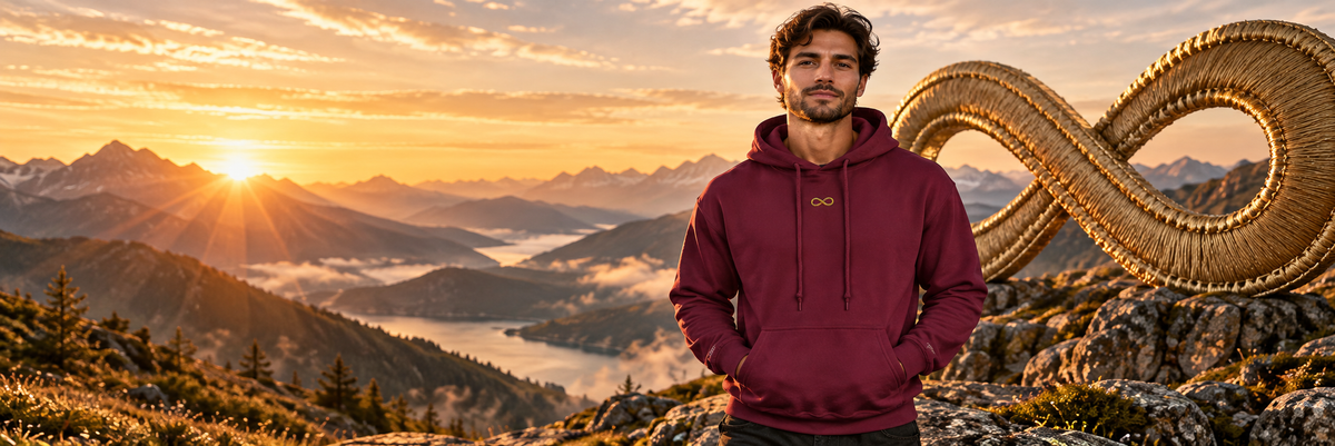 Realistic model wearing Infinity  – Limitless Potential amid embroidered details and a natural landscape.