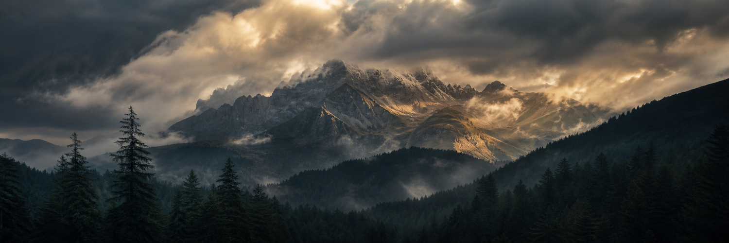 Jacket, Fleece, Tops collection — layered mountain ridges and protective clouds