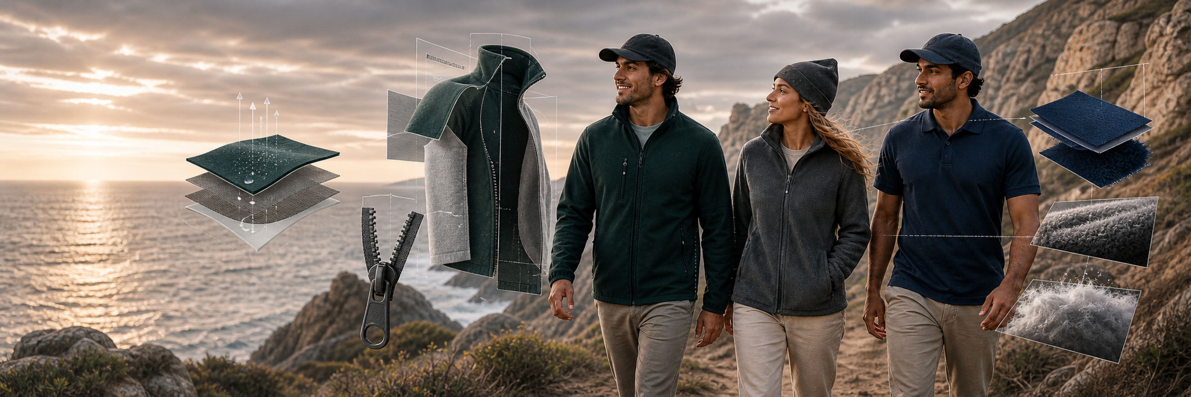 Jacket, Fleece, Tops collection — layered mountain ridges and protective clouds