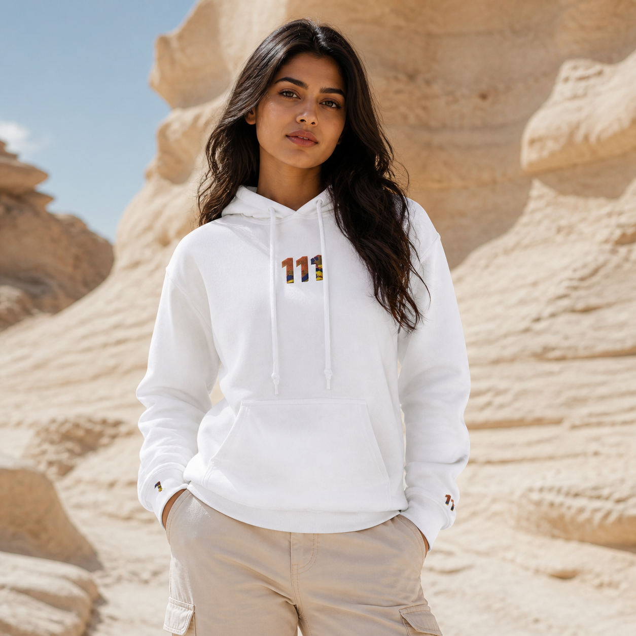 111 Desert Angel Number Hoodie in White – Bright Future product image
