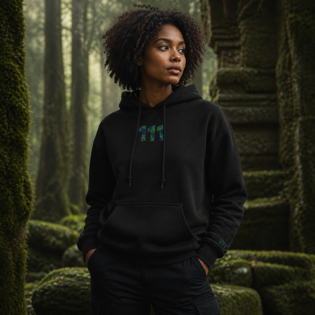 111 Forest Angel Number Hoodie in Black – Bright Future product image