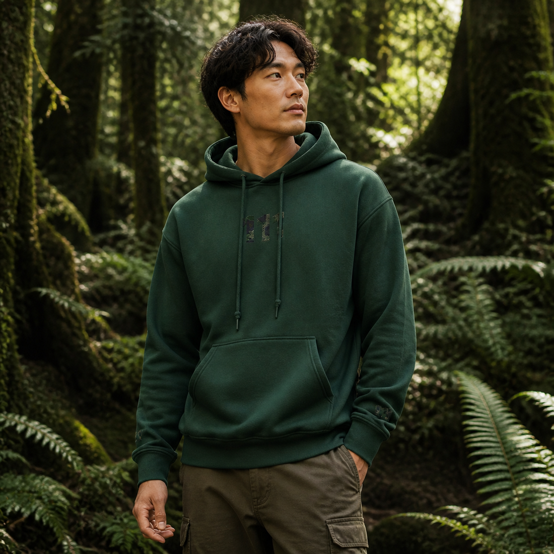 111 Forest Angel Number Hoodie in Forest Green – Bright Future product image