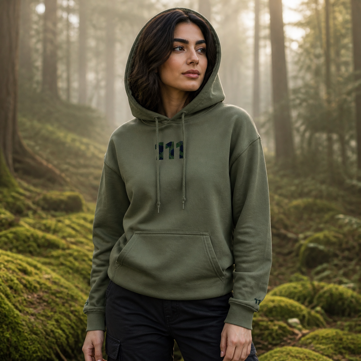 111 Forest Angel Number Hoodie in Military Green – Bright Future product image