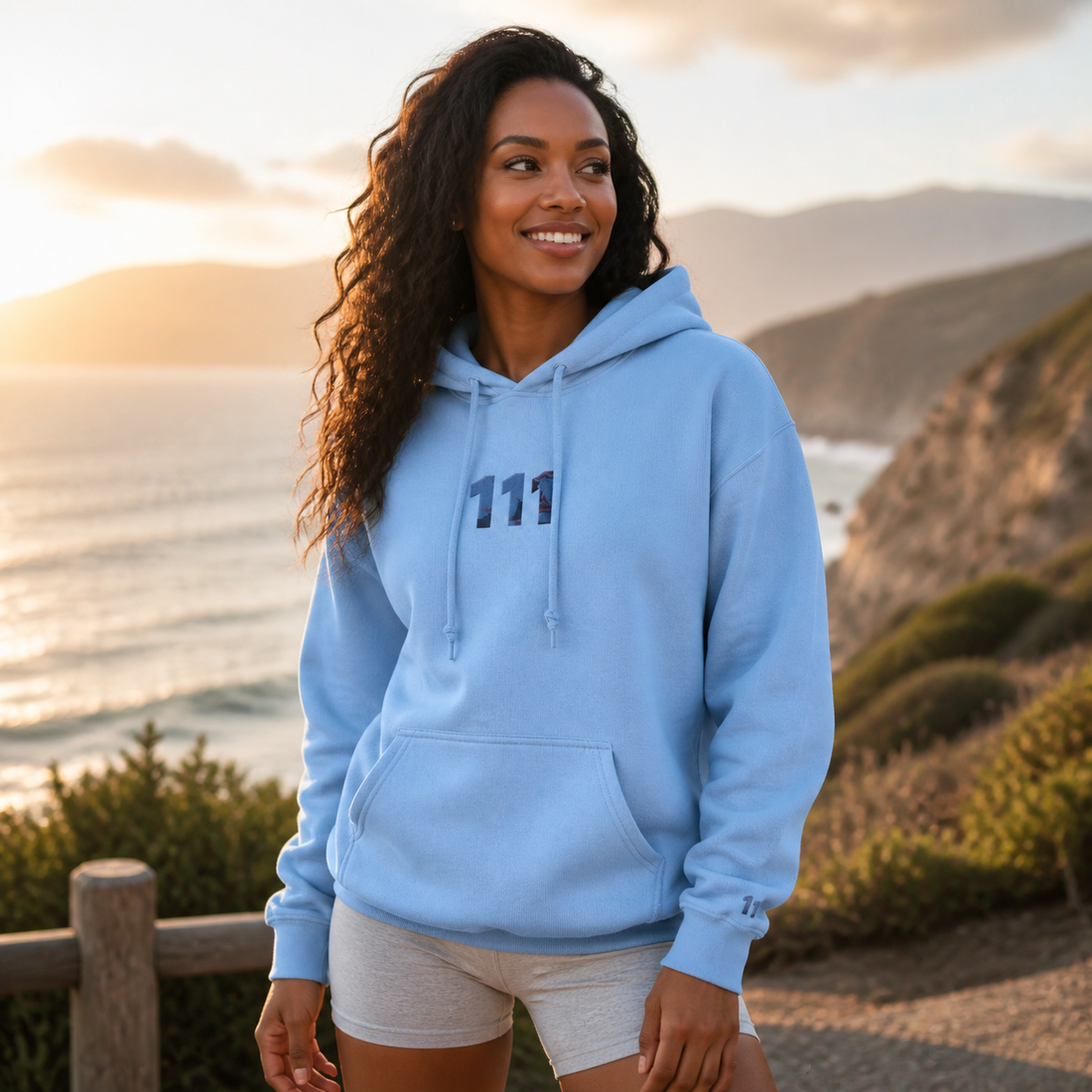 111 Ocean Angel Number Hoodie in Light Blue – Bright Future product image