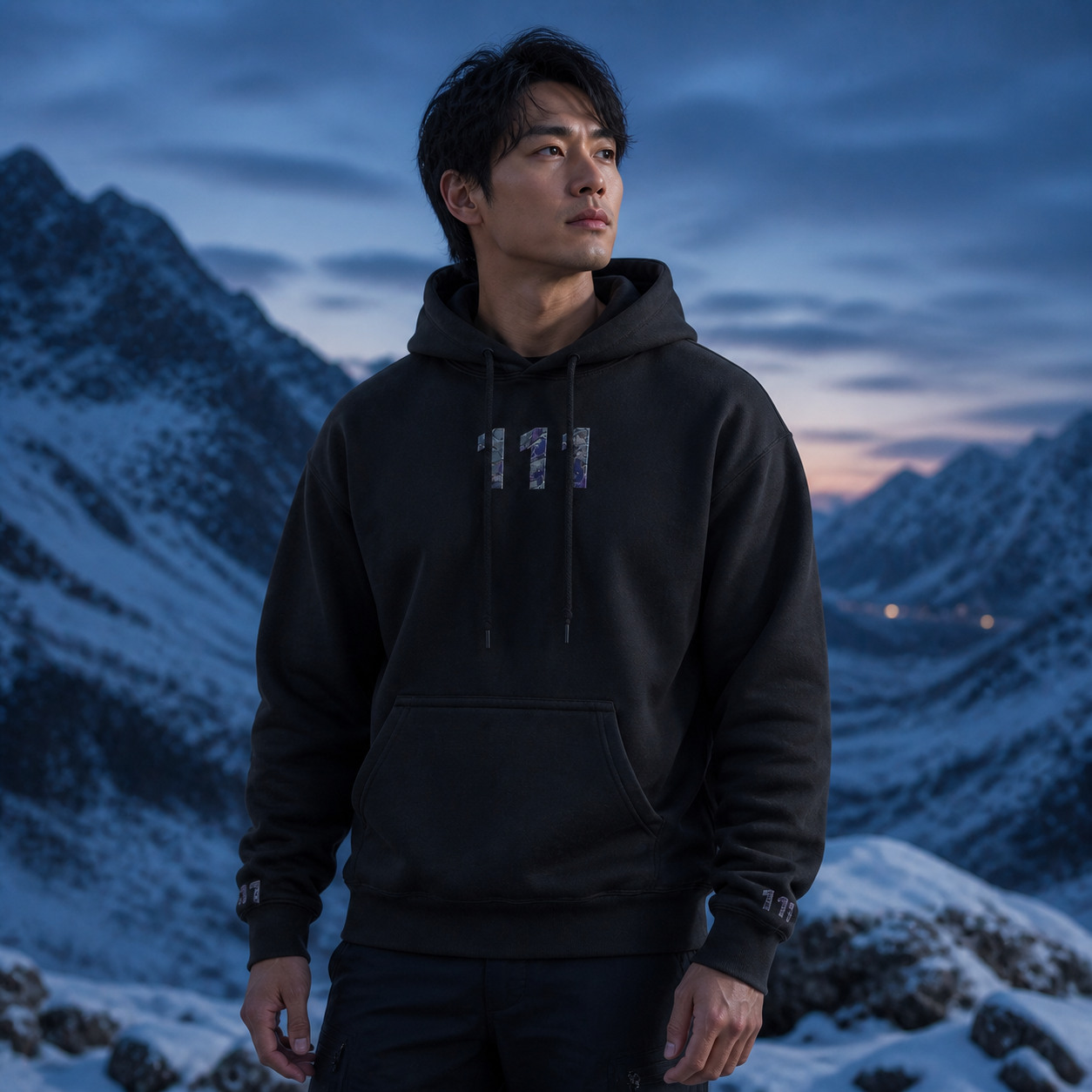 111 Snowy Mountain Angel Number Hoodie in Black – Bright Future product image