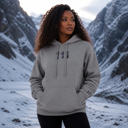 111 Snowy Mountain Angel Number Hoodie in Graphite Heather – Bright Future product image
