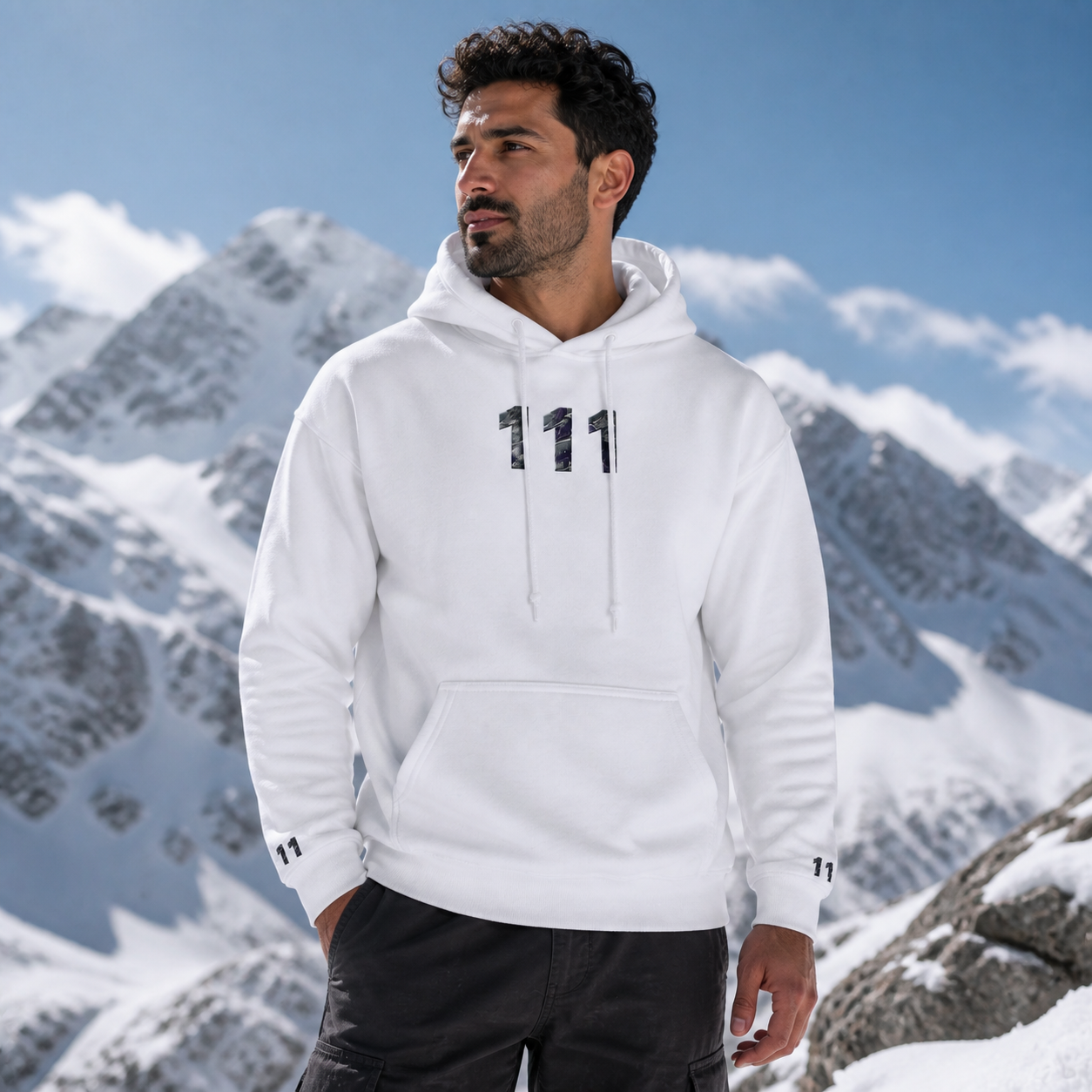 111 Snowy Mountain Angel Number Hoodie in White – Bright Future product image