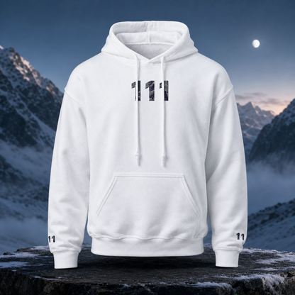 111 Snowy Mountain Angel Number Hoodie in White – Bright Future product image