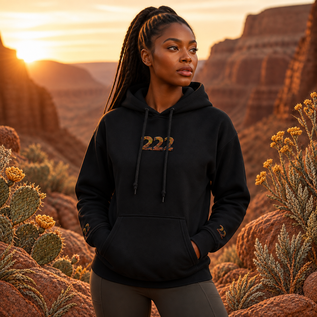 222 Desert Angel Number Hoodie in Black – Bright Future product image — realistic model in an embroidered nature scene.