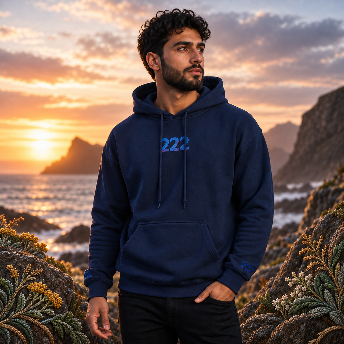 222 Ocean Angel Number Hoodie in Navy – Bright Future product image — realistic model in an embroidered nature scene.