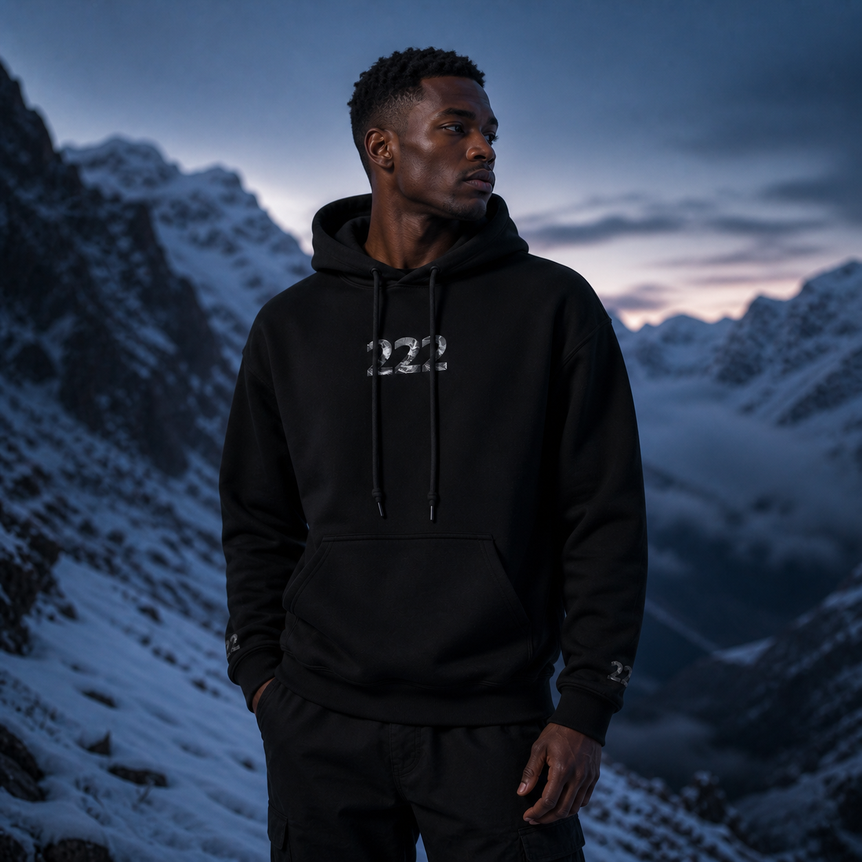 222 Snowy Mountain Angel Number Hoodie in Black – Bright Future product image