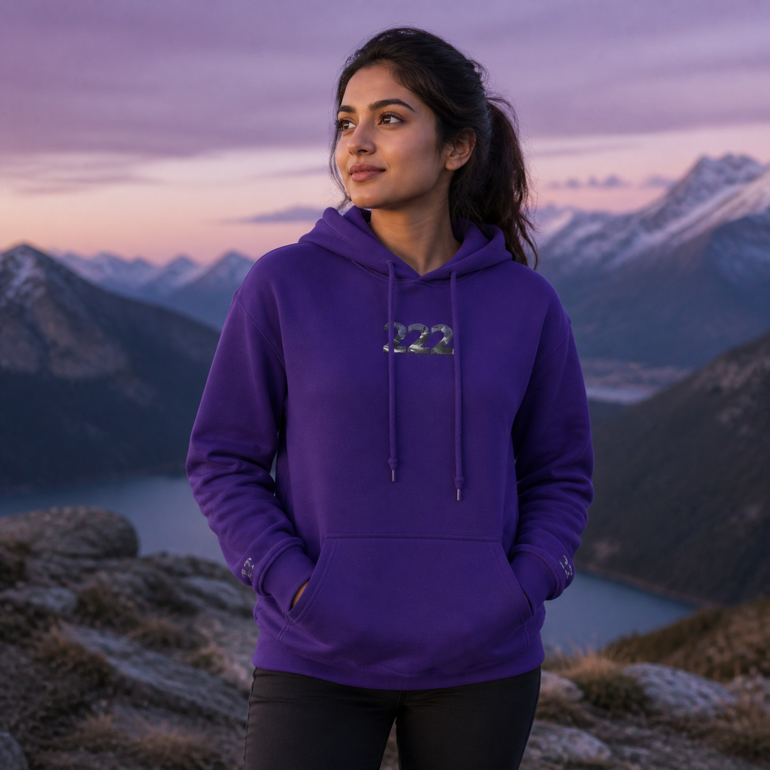 222 Snowy Mountain Angel Number Hoodie in Purple – Bright Future product image