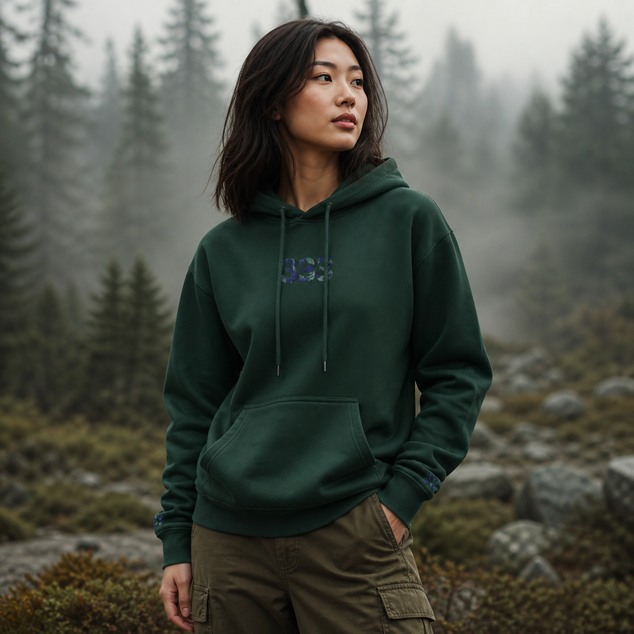 333 Forest Angel Number Hoodie in Military Green – Bright Future product image