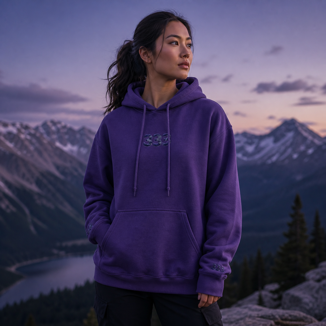 333 Snowy Mountain Angel Number Hoodie in Purple – Bright Future product image