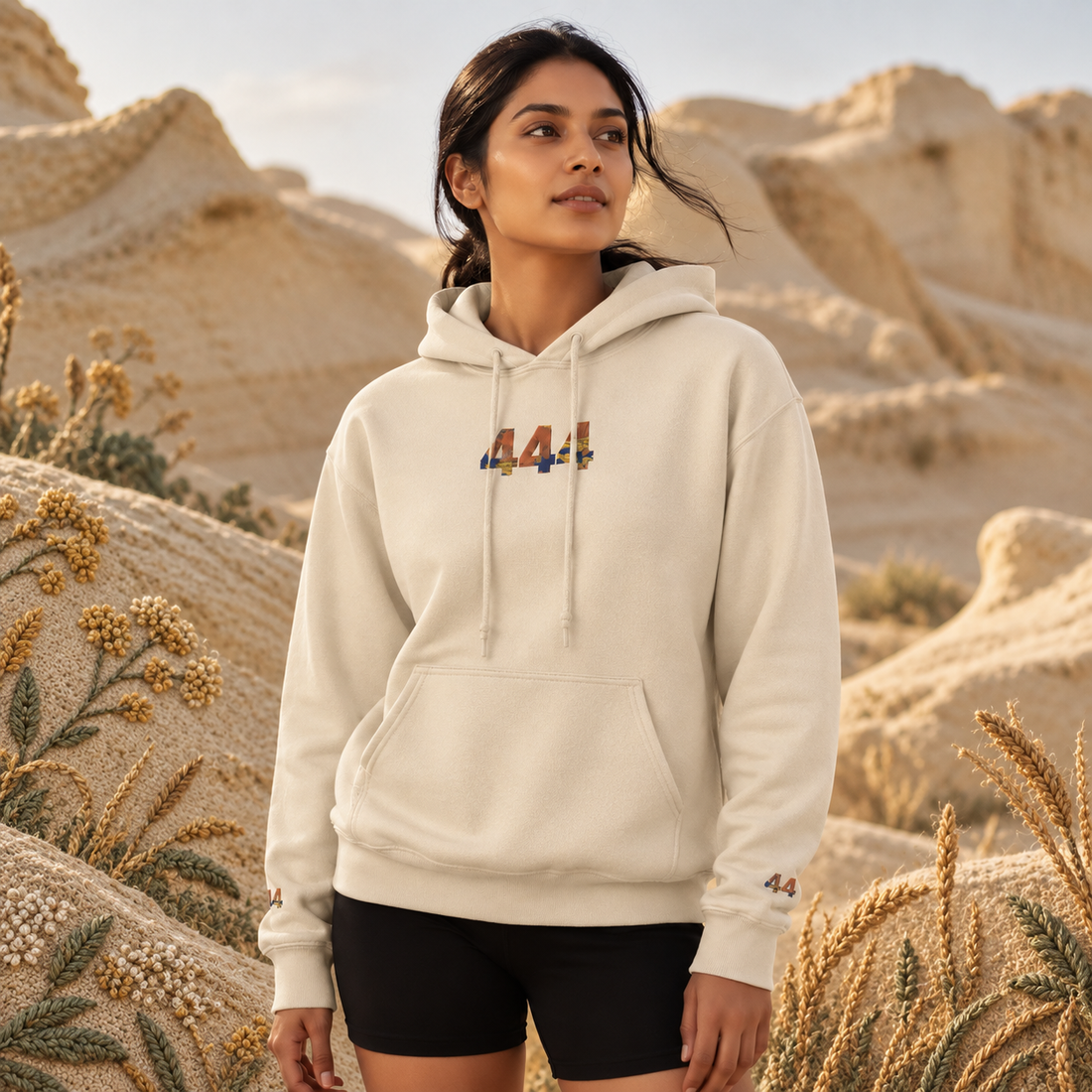 444 Desert Angel Number Hoodie in Sand – Bright Future product image — realistic model in an embroidered nature scene.