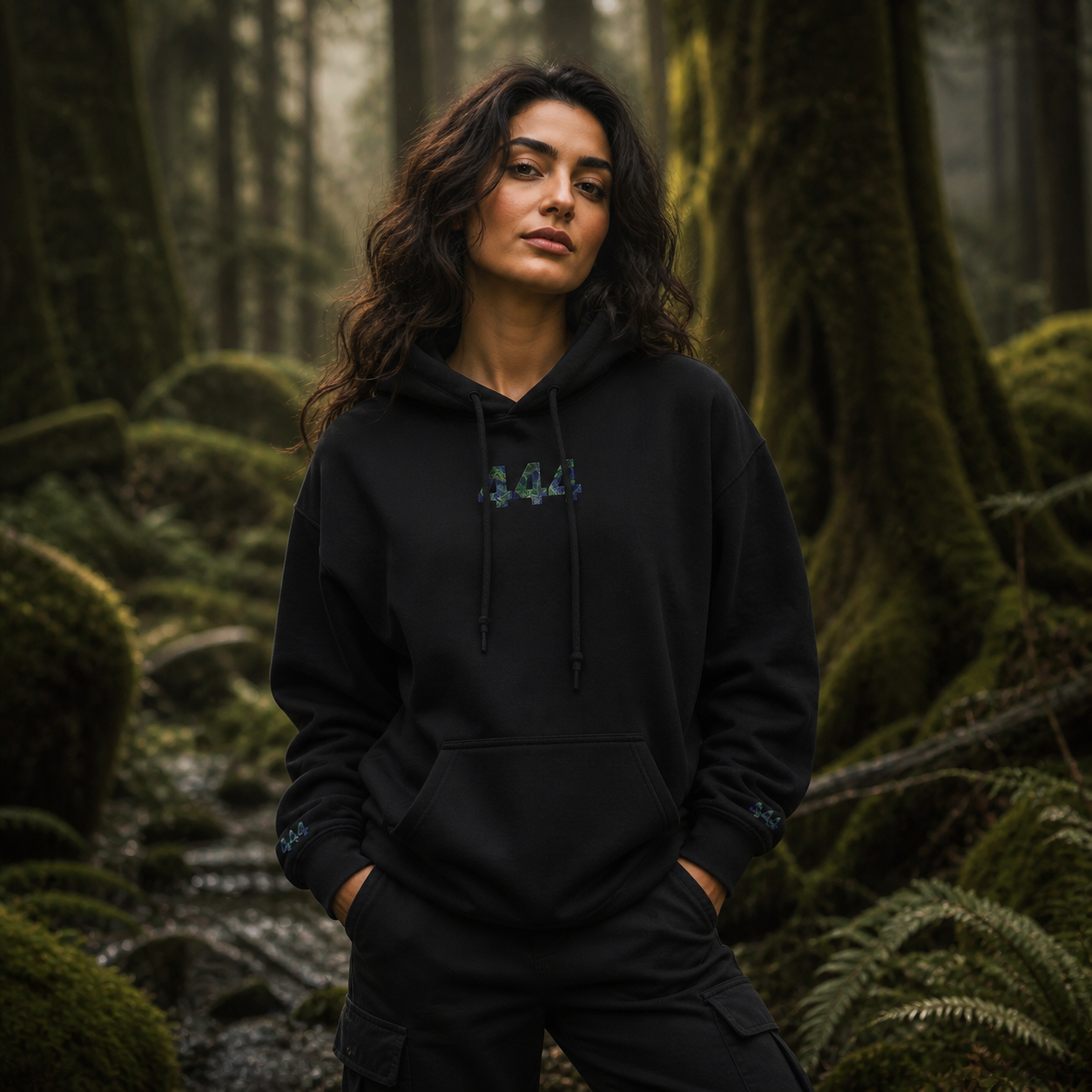 444 Forest Angel Number Hoodie in Black – Bright Future product image