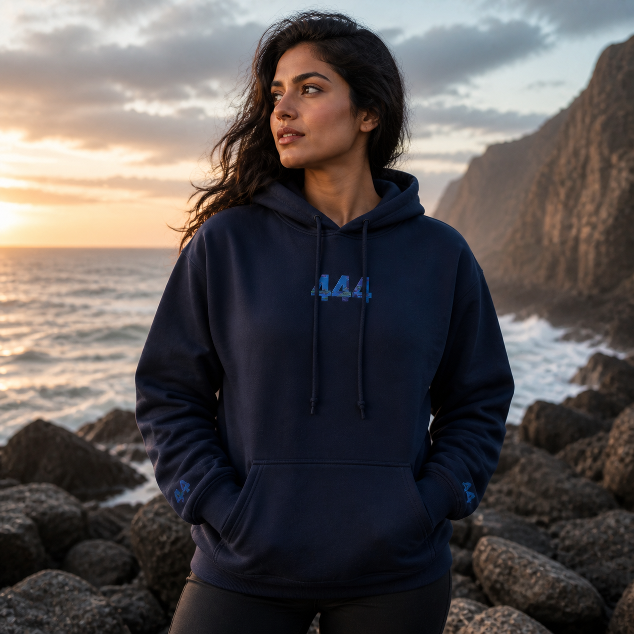 444 Ocean Angel Number Hoodie in Navy – Bright Future product image