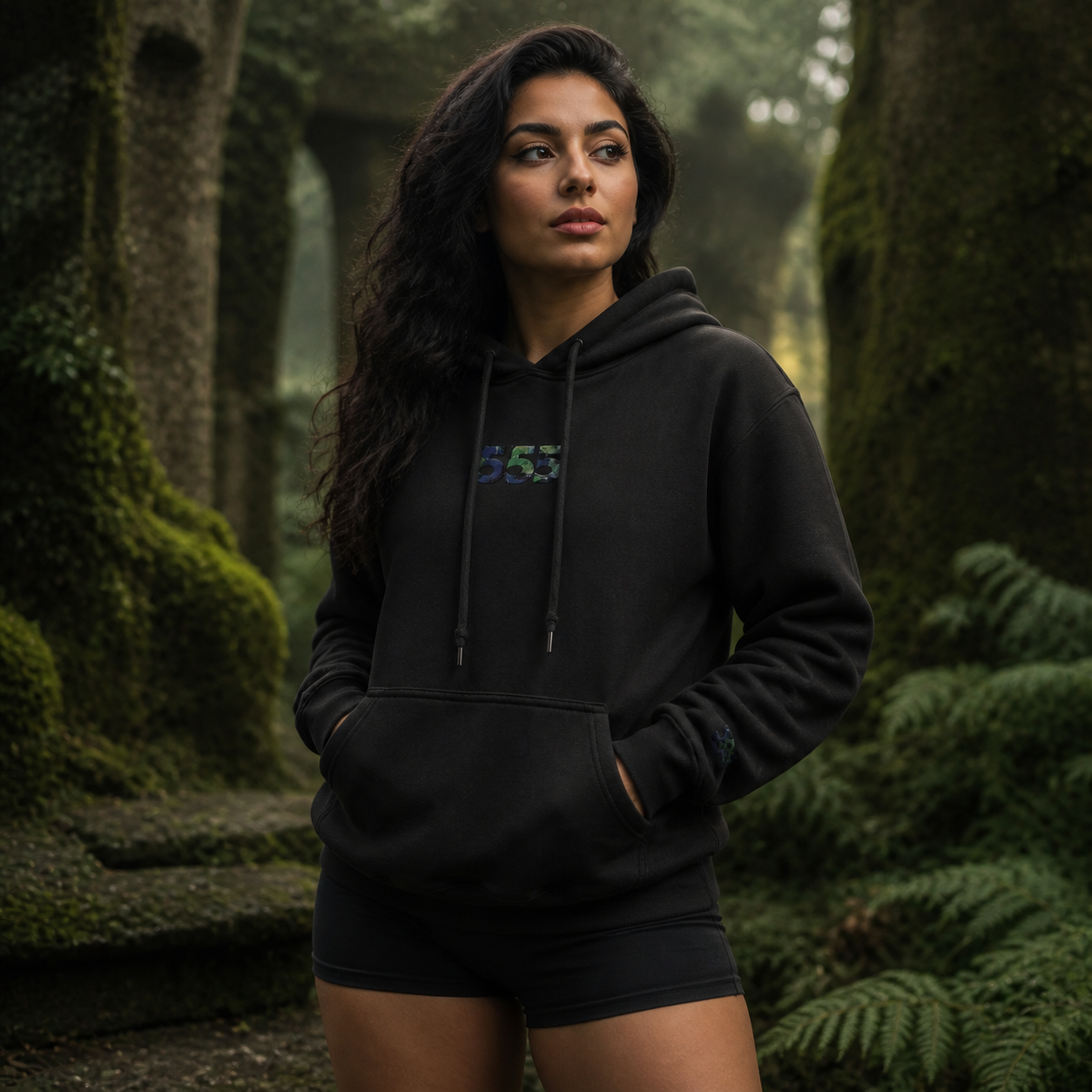555 Forest Angel Number Hoodie in Black – Bright Future product image