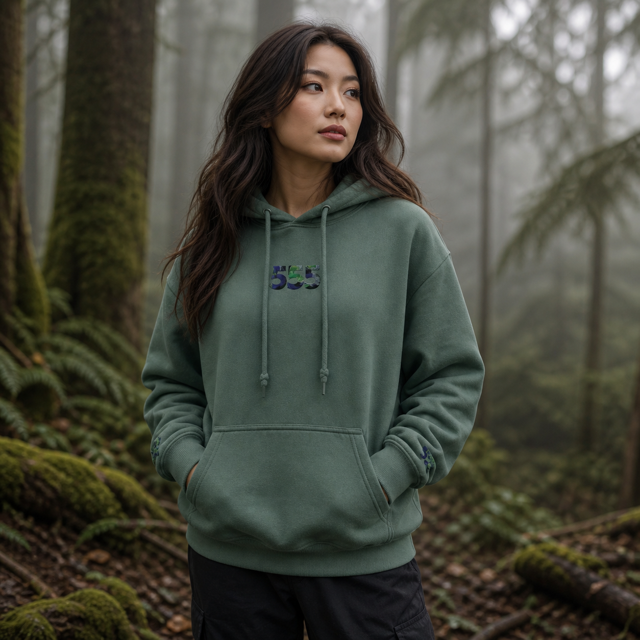555 Forest Angel Number Hoodie in Military Green – Bright Future product image