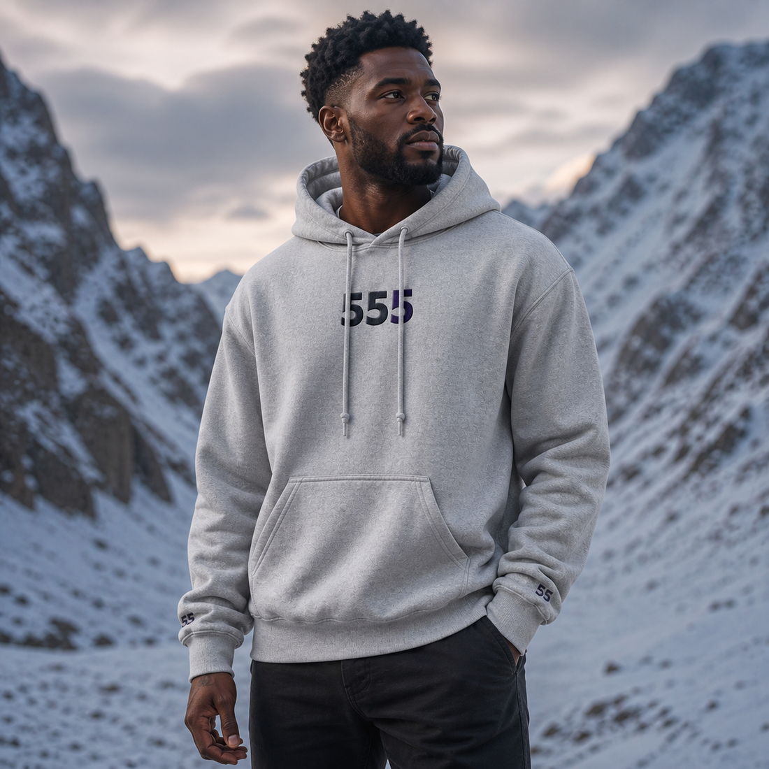555 Snowy Mountain Angel Number Hoodie in Graphite Heather – Bright Future product image