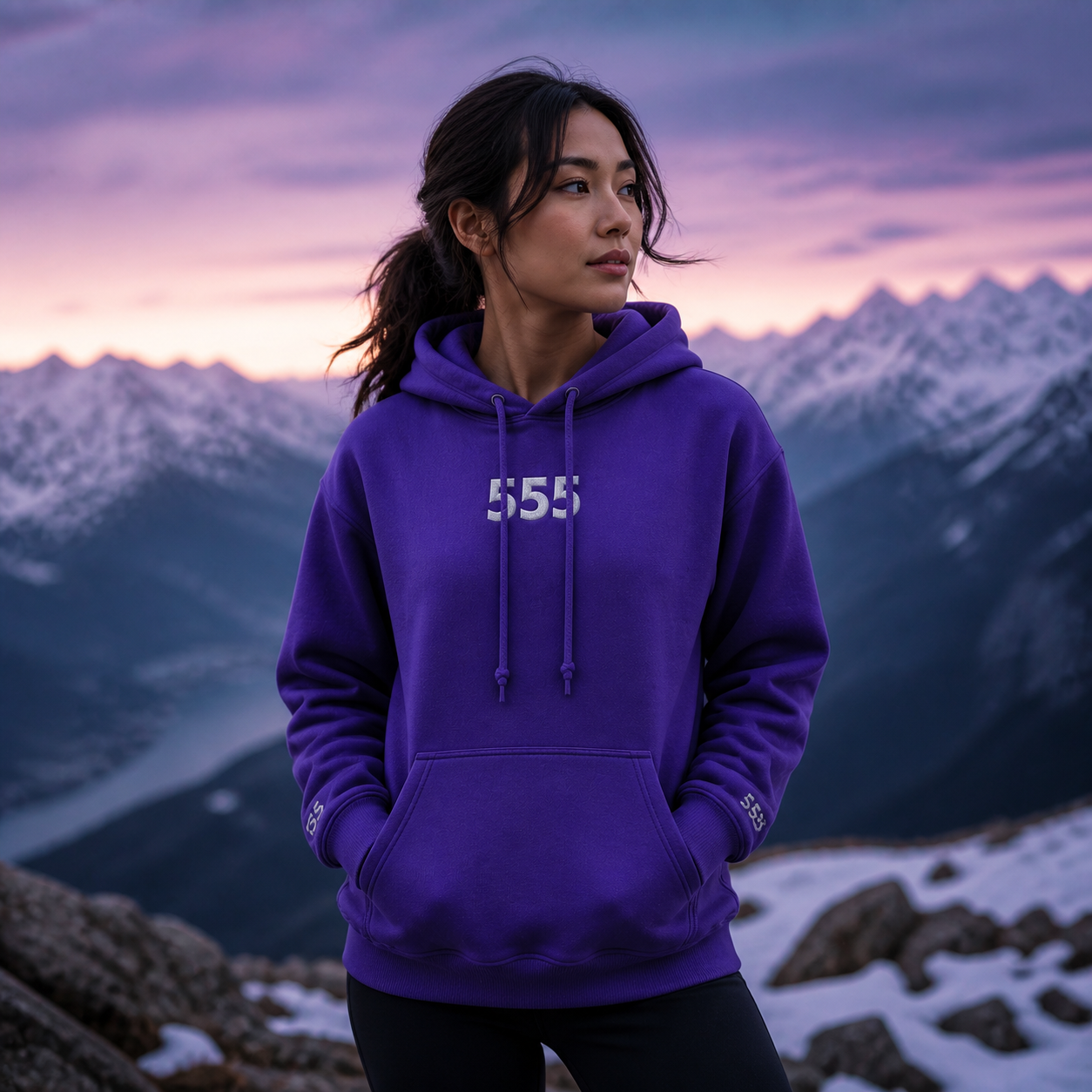 555 Snowy Mountain Angel Number Hoodie in Purple – Bright Future product image