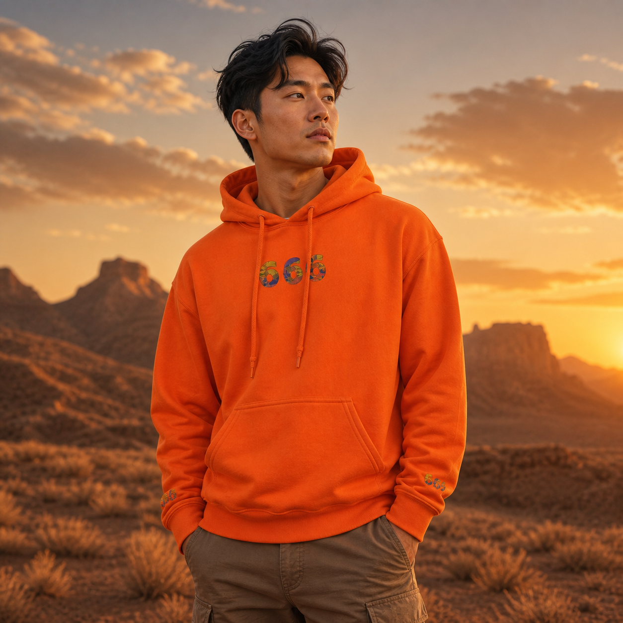 666 Desert Angel Number Hoodie in Orange – Bright Future product image